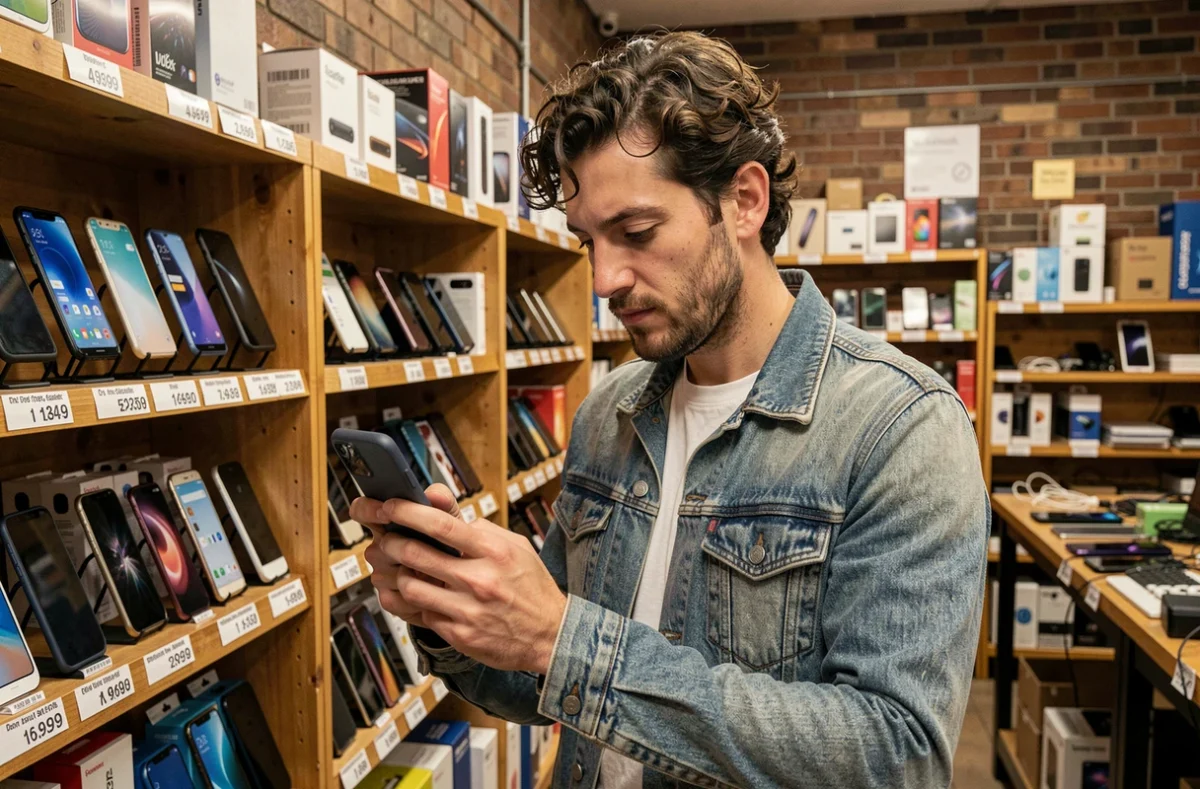Homme examinant un téléphone reconditionné dans une boutique de smartphones d'occasion à moins de 200 euros