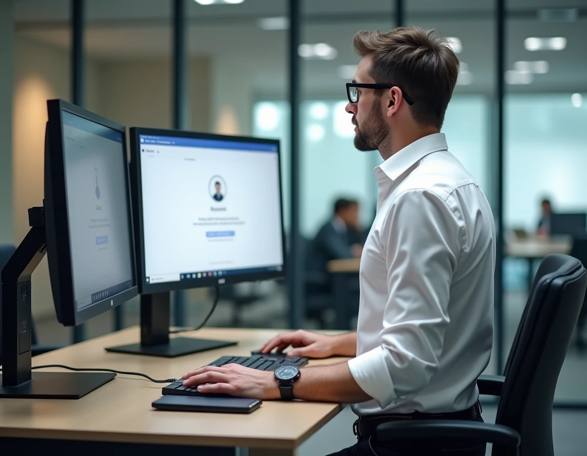 Homme activant et sécurisant son compte en ligne avec double authentification sur un poste de travail en entreprise
