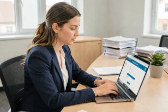 Jeune enseignante activant son webmail ac-dijon sur un ordinateur portable dans un bureau administratif scolaire
