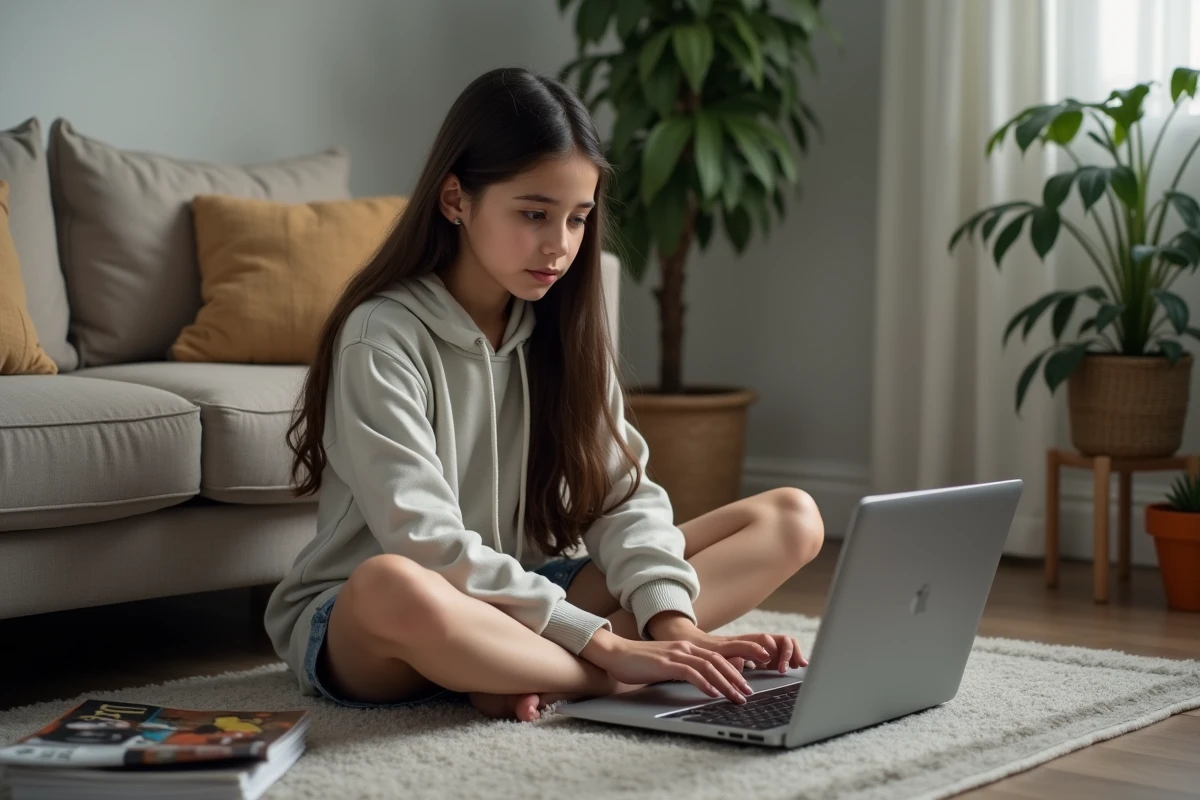 Adolescente concentrée tapant sur son trackpad dans le salon