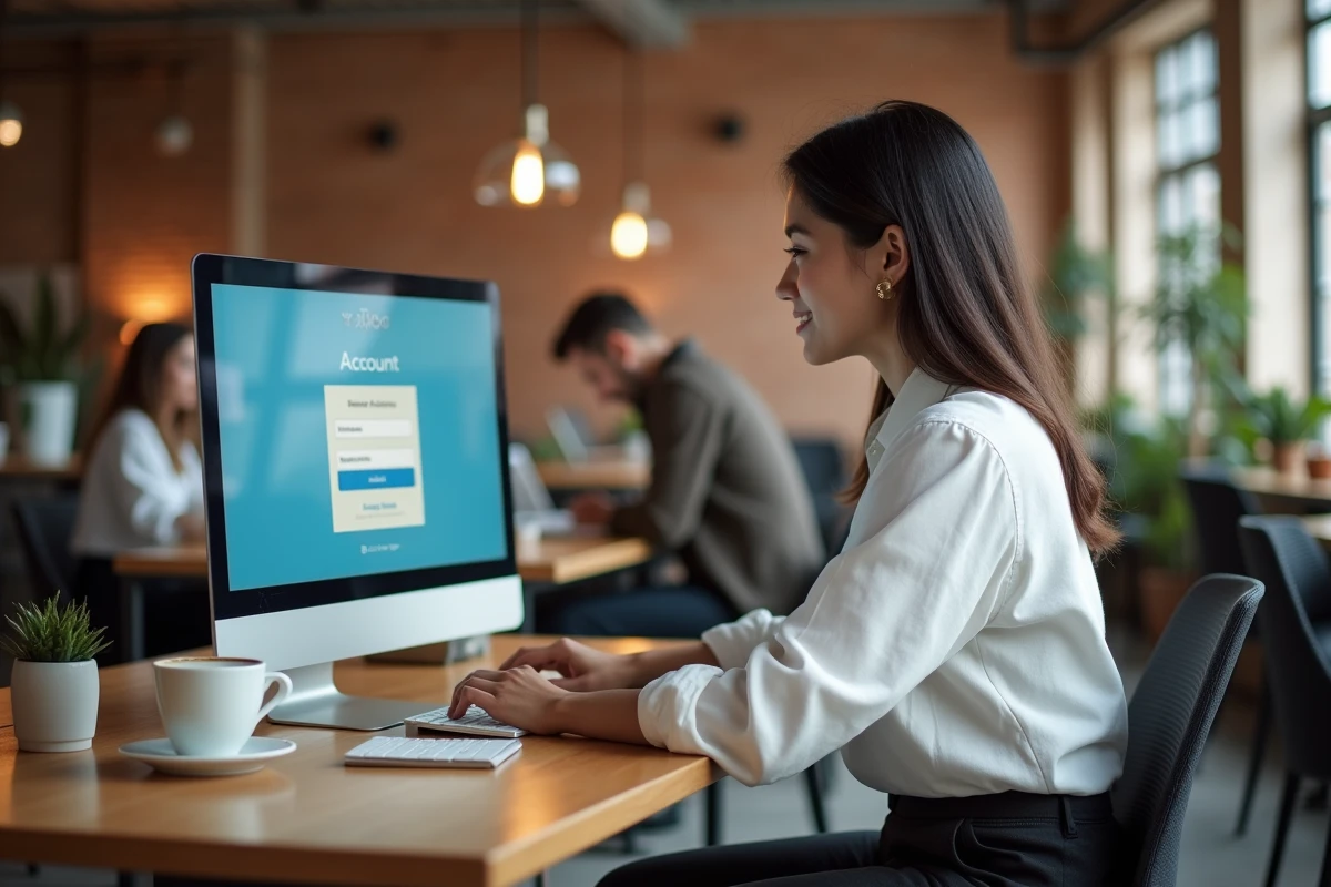 Jeune femme créant une adresse email Yahoo dans un espace de coworking moderne