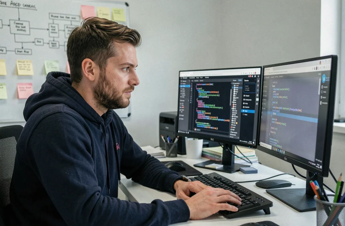 Développeur web de l'agence NEWP travaillant sur une interface WordPress dans un studio professionnel