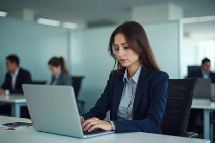 Agente administrative consultant sa messagerie professionnelle Webmel sur un ordinateur portable dans un bureau moderne
