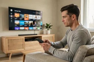 Homme utilisant une télécommande Samsung pour ajouter une application sur sa Smart TV dans un salon moderne