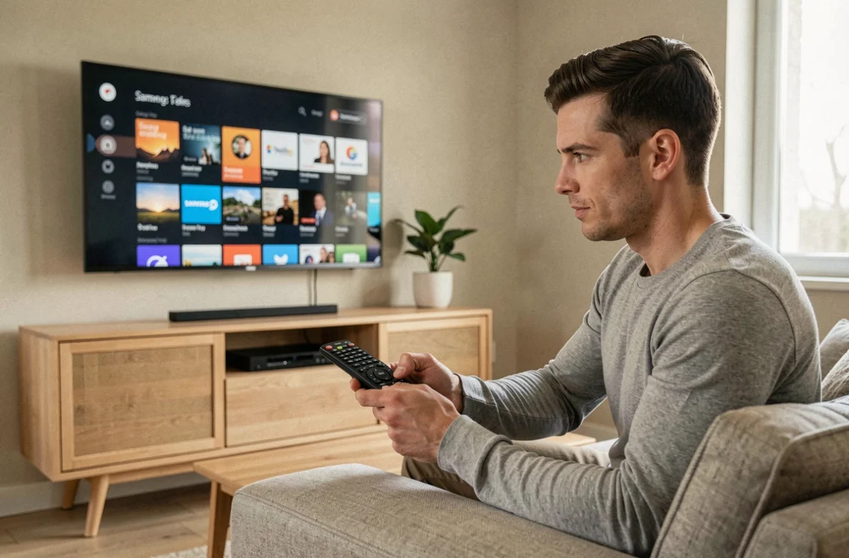 Homme utilisant une télécommande Samsung pour ajouter une application sur sa Smart TV dans un salon moderne