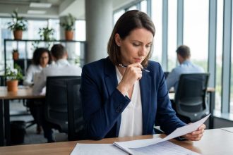 Femme cadre analysant des enquêtes de satisfaction client avant de lancer un programme de parrainage