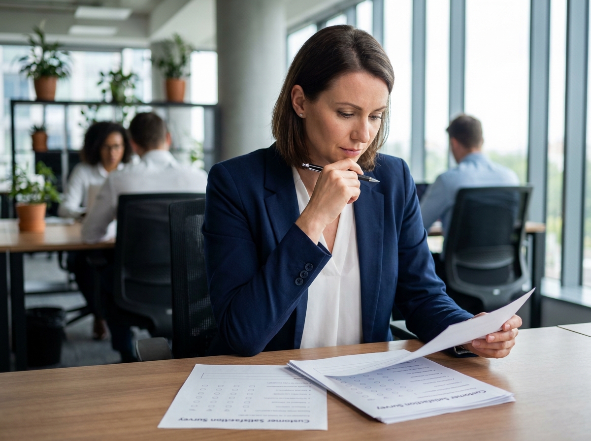 Femme cadre analysant des enquêtes de satisfaction client avant de lancer un programme de parrainage