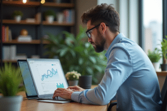 Homme concentré analysant un graphique backlinks sur son ordinateur