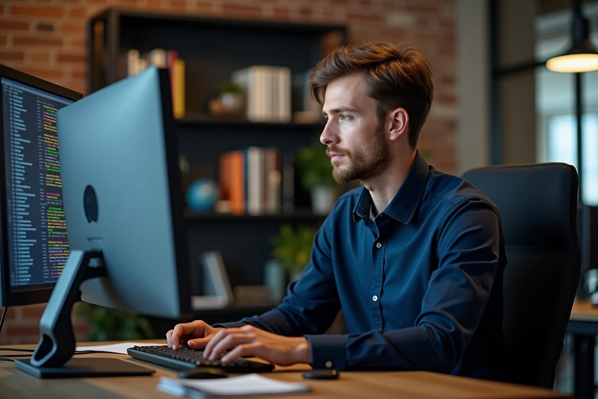 Homme en chemise navy analysant des logs DNS sur un écran