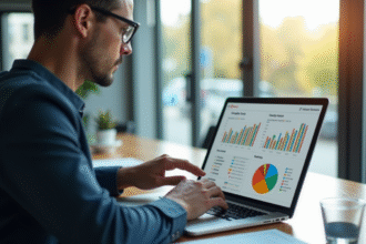 Professionnel créatif analysant des données sur un ordinateur lumineux