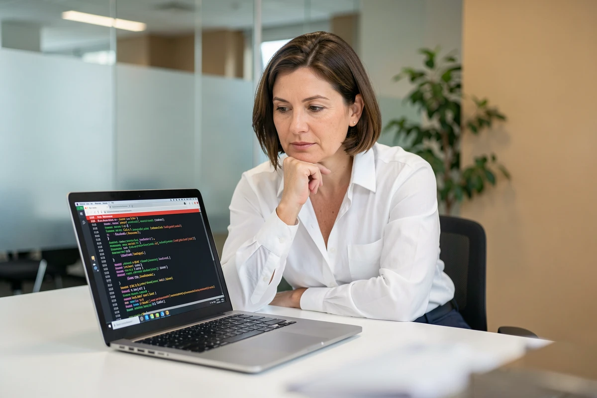 Femme analyste informatique examinant un processus système suspect sur son ordinateur portable en bureau open space