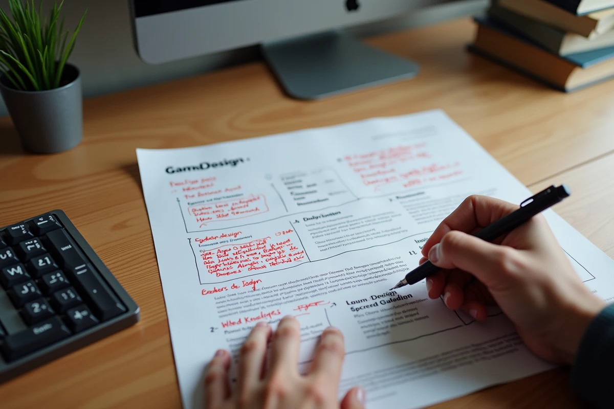 Mains annotant un document GDD imprimé avec des corrections en stylo rouge sur un bureau minimaliste