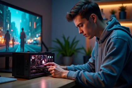 Jeune homme assemble une carte graphique dans un PC