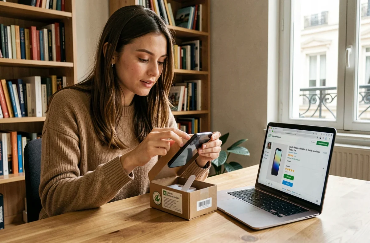 Jeune femme bordelaise déballant un smartphone reconditionné commandé sur une marketplace comme Back Market auprès d'un vendeur local girondin