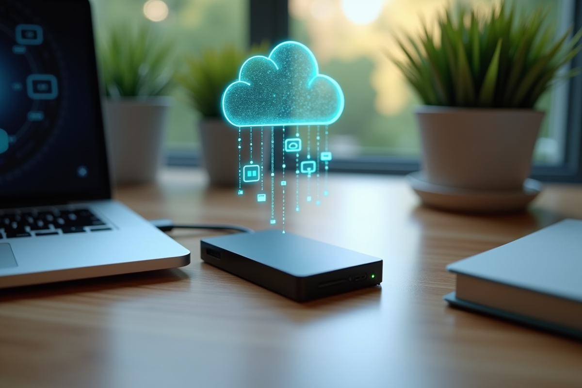 Bureau à domicile avec disque dur externe et icônes nuage numériques