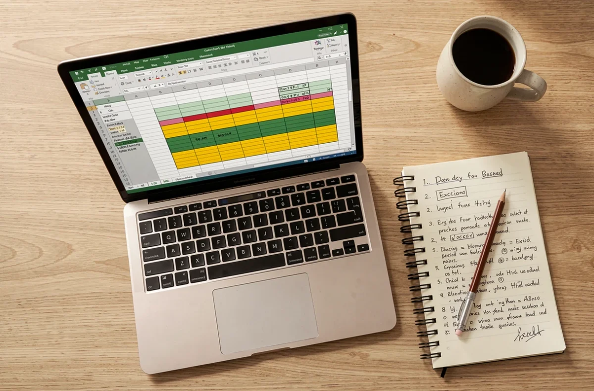 Vue de dessus d'un bureau avec Excel ouvert montrant des lignes vides sélectionnées et des formules de calcul