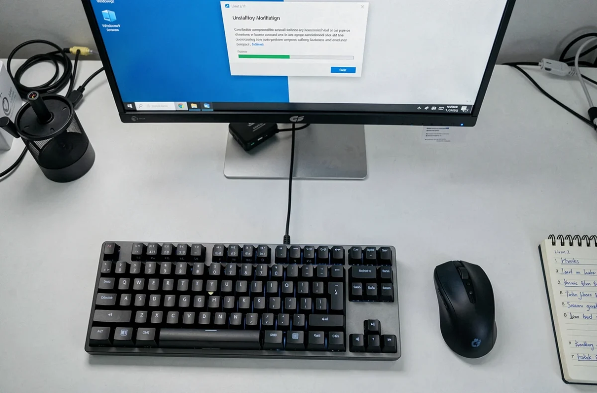 Vue de dessus d'un bureau informatique avec écran affichant la désinstallation d'un logiciel sous Windows