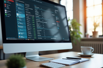 Bureau moderne avec grand écran affichant une interface de gestion de base de données