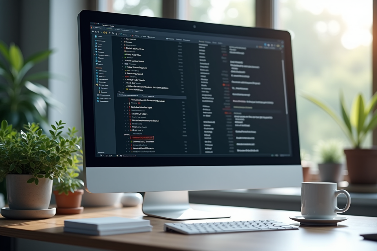 Espace de travail moderne avec ordinateur et serveurs