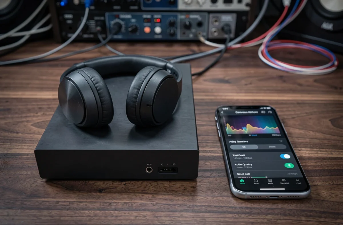 Casque audio professionnel et interface audio avec application de conversion MP3 affichant les options de débit haute qualité