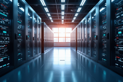 Centre de données moderne avec serveurs lumineux et lumière naturelle
