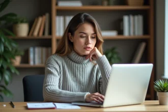 Femme analysant les extensions de fichiers sur son ordinateur portable dans un bureau moderne et organisé