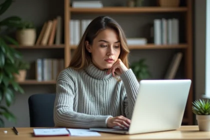 Femme analysant les extensions de fichiers sur son ordinateur portable dans un bureau moderne et organisé