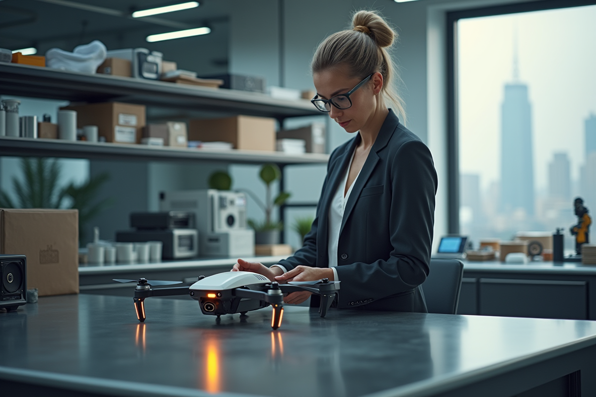 Chercheuse examine un drone prototype en laboratoire