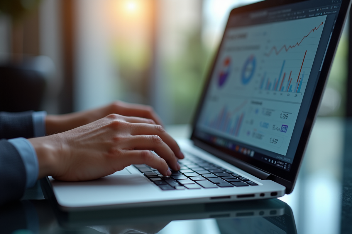 Mains tapant sur un ordinateur portable avec graphiques SEO