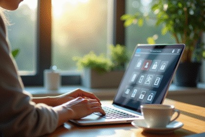 Mains tapant sur un laptop avec icônes de sécurité et cadenas