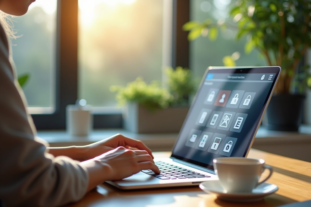Mains tapant sur un laptop avec icônes de sécurité et cadenas