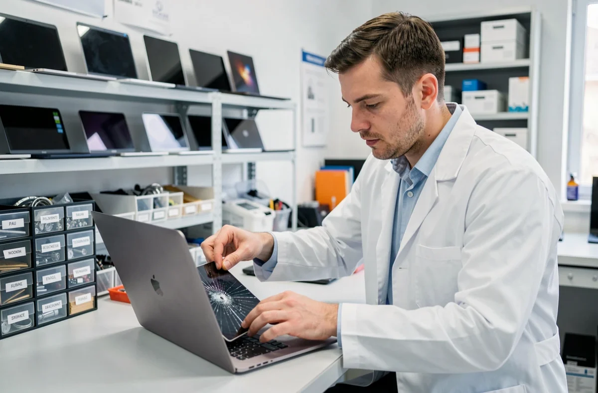 Technicien de La Clinique du PC remplaçant l'écran d'un ordinateur portable à Pau