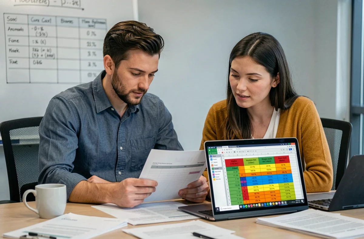 Deux collègues analysant ensemble un tableau Excel avec des plages dynamiques et une moyenne pondérée en salle de réunion