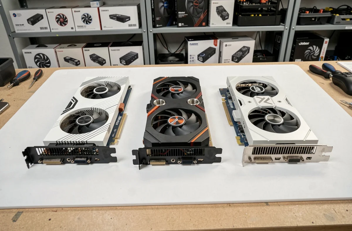 Comparaison côte à côte de cartes graphiques Intel AMD et Nvidia posées sur un plan de travail d'atelier PC