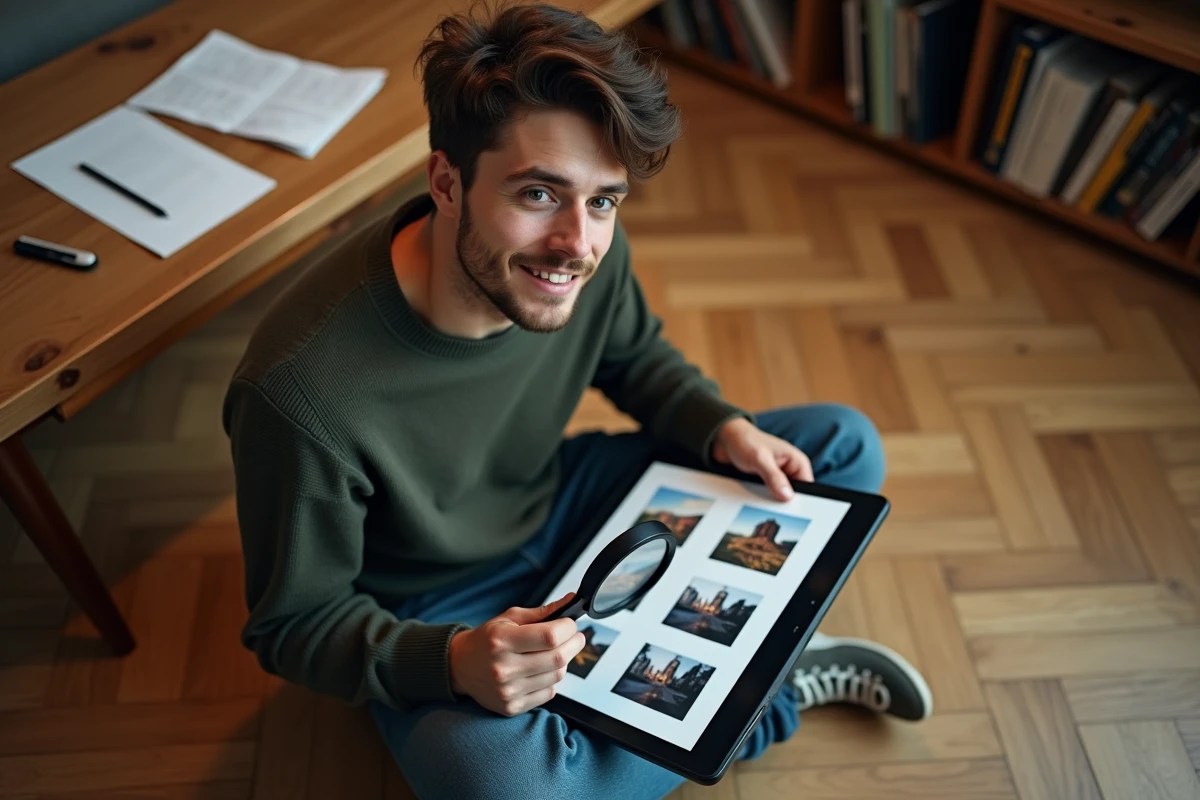 Jeune homme examinant à la loupe une planche imprimée comparant différentes résolutions DPI d'une même image sur parquet en bois