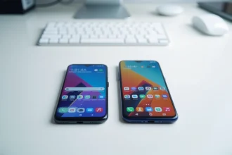 Comparaison côte à côte du Samsung Galaxy S24 FE et du Galaxy S24 posés sur un bureau blanc, mettant en évidence leurs différences de taille et de design