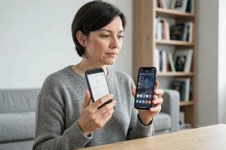 Femme comparant deux smartphones à moins de 200 euros, reconditionnés ou neufs, dans un salon moderne