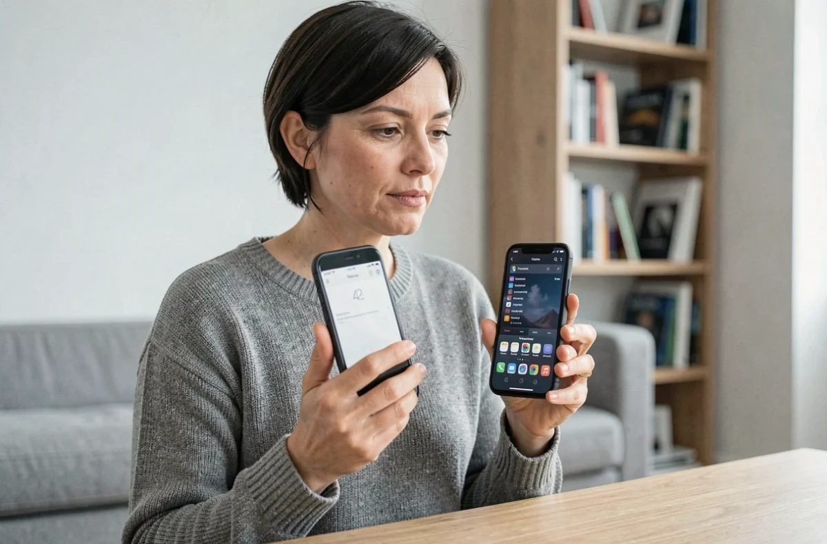 Femme comparant deux smartphones à moins de 200 euros, reconditionnés ou neufs, dans un salon moderne