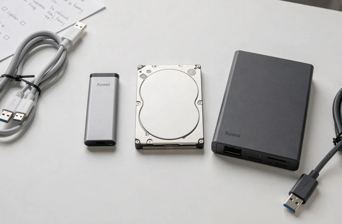 Comparaison de trois types de disques durs externes pour le stockage de photos posés sur un bureau blanc avec câbles et checklist