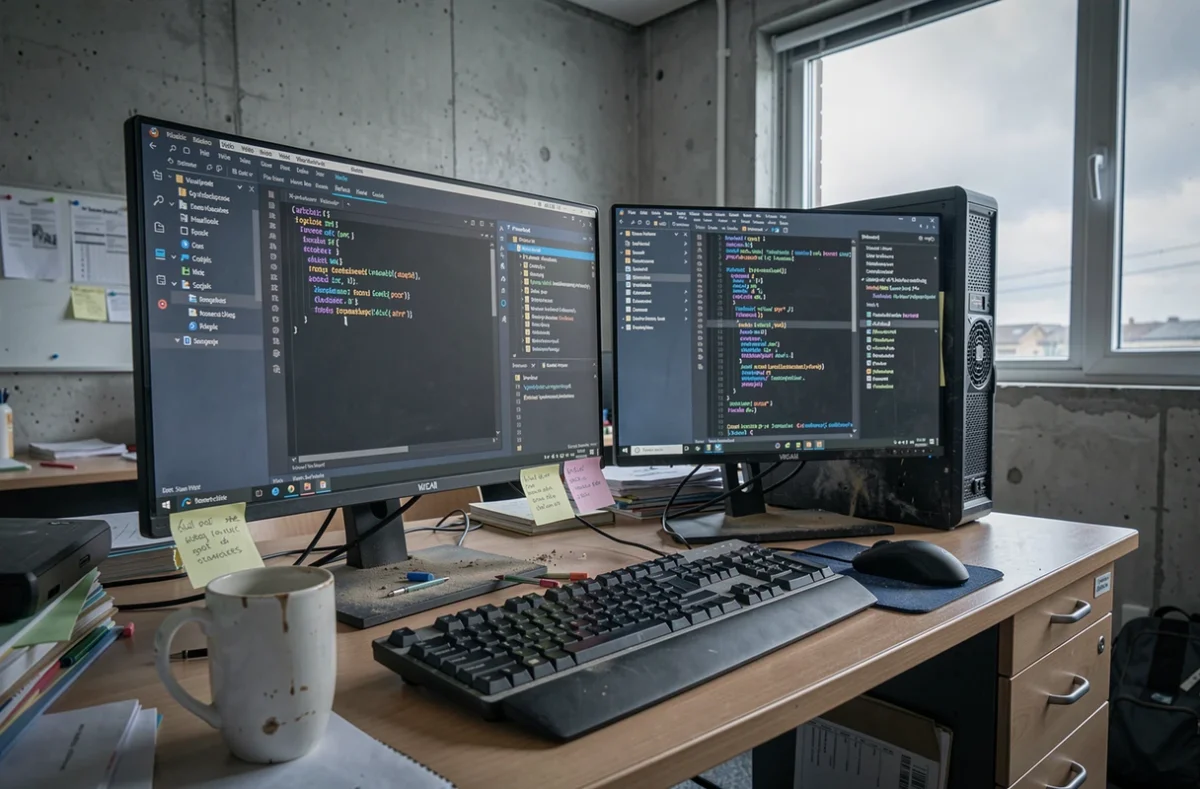 Comparaison Visual Studio et VS Code sur deux écrans d'un PC de bureau étudiant modeste