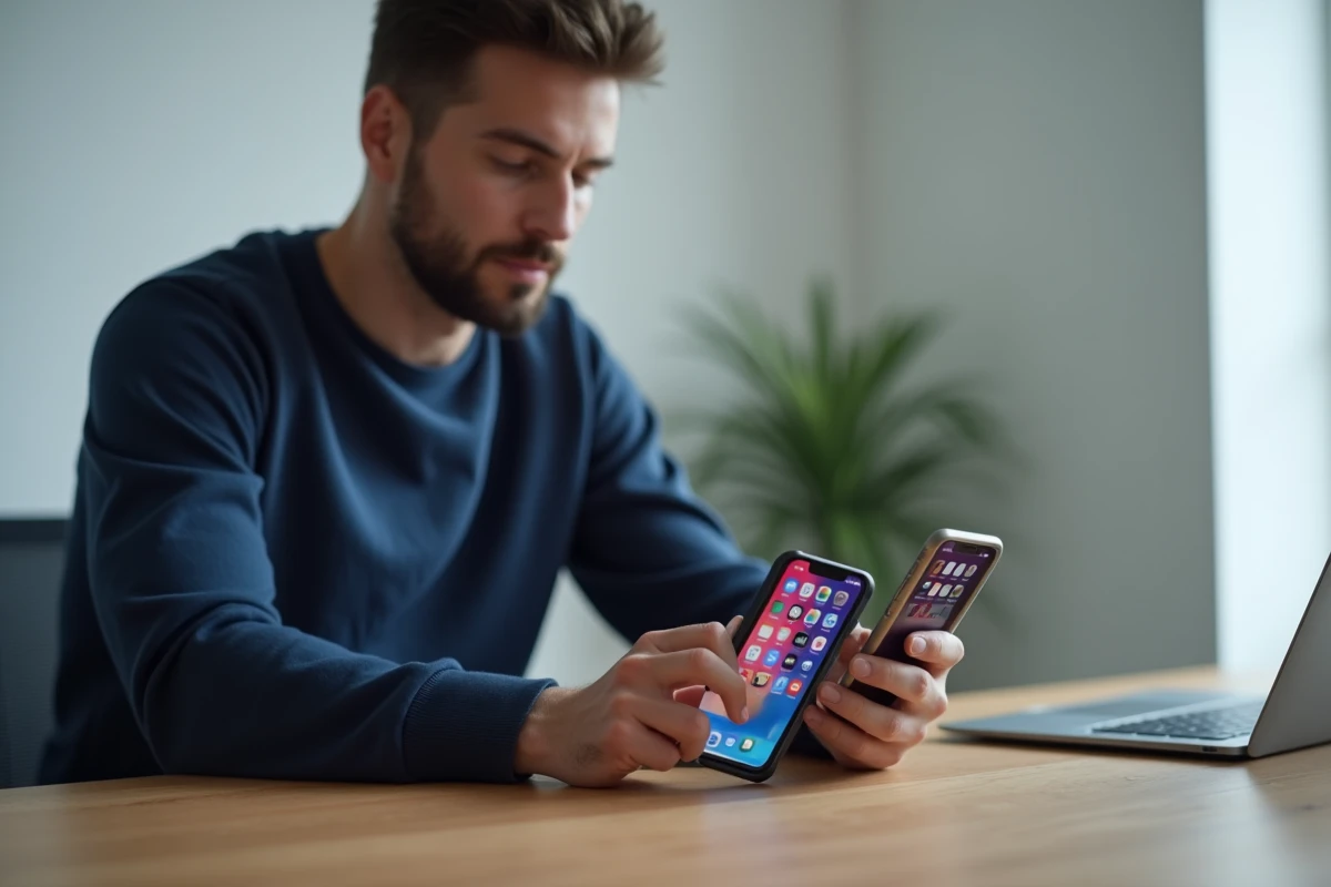 Homme comparant deux applications mobiles pour visionner des stories Instagram anonymement sur deux smartphones côte à côte