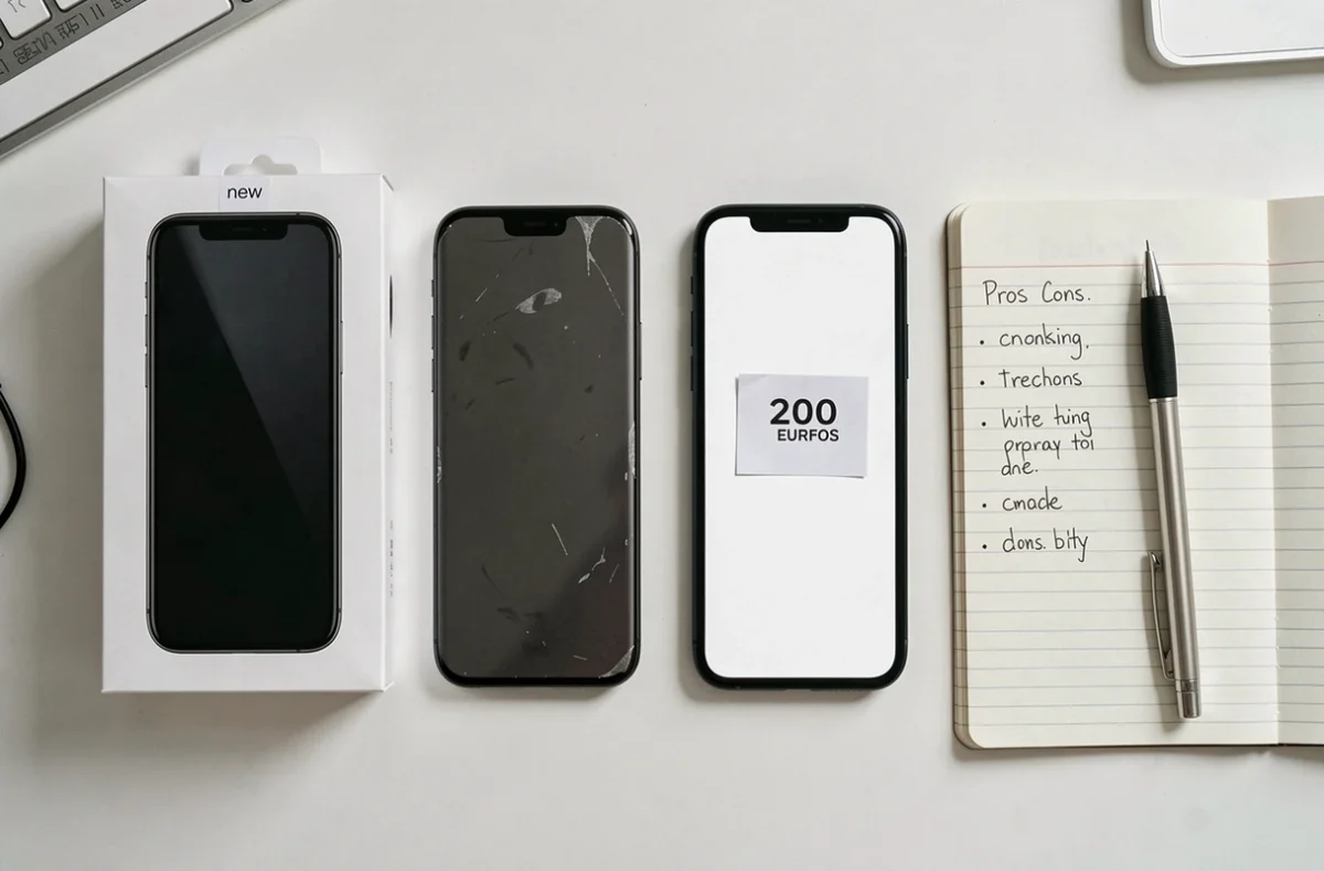 Vue de dessus comparant un smartphone neuf et un reconditionné à moins de 200 euros sur un bureau blanc avec étiquette de prix