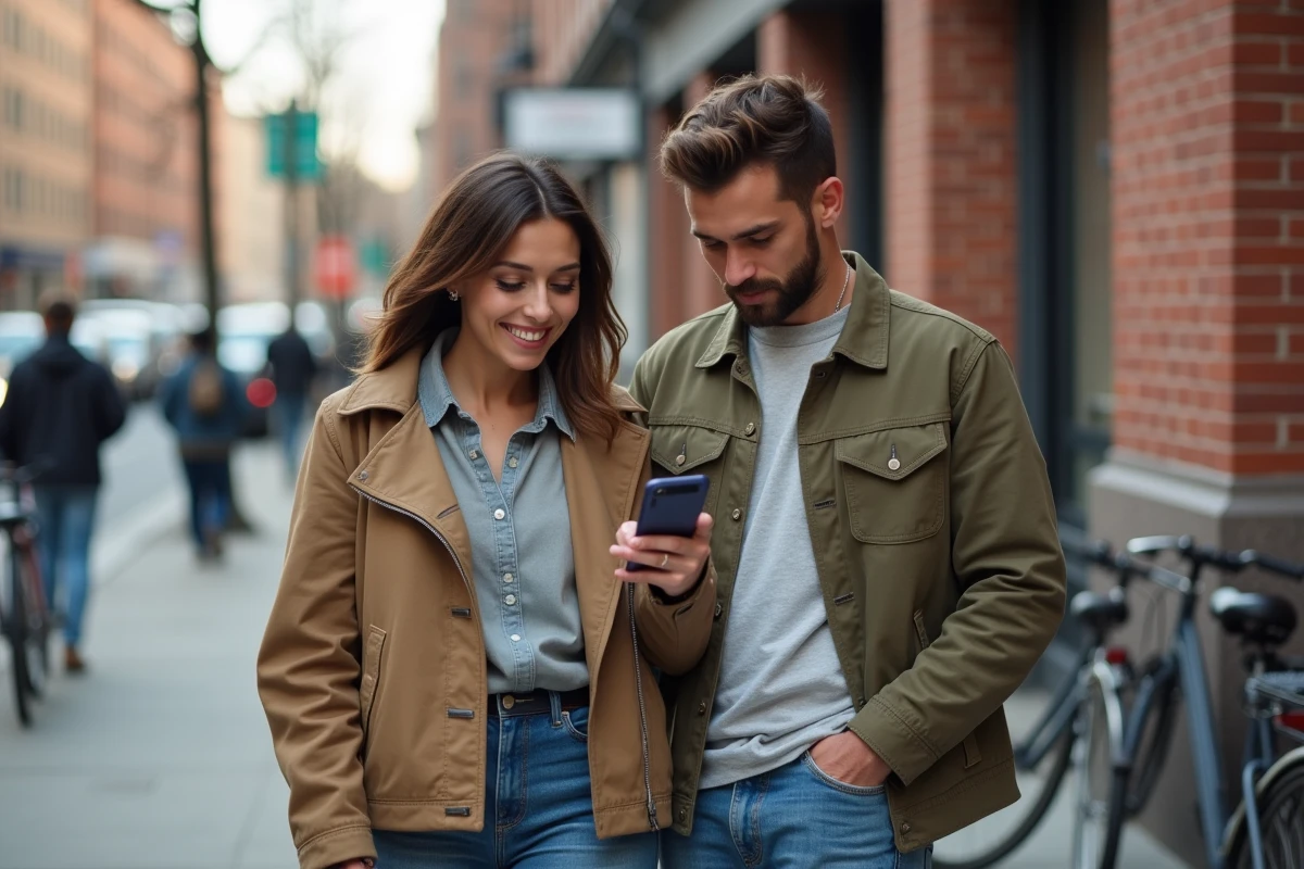 Deux amis regardant ensemble un smartphone face à un compte Instagram bloqué ou introuvable en plein air