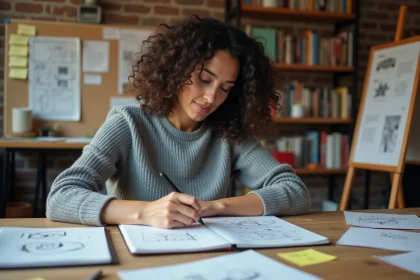 Conceptrice de jeux vidéo écrivant un document GDD entouré de notes et schémas sur un bureau en bois créatif