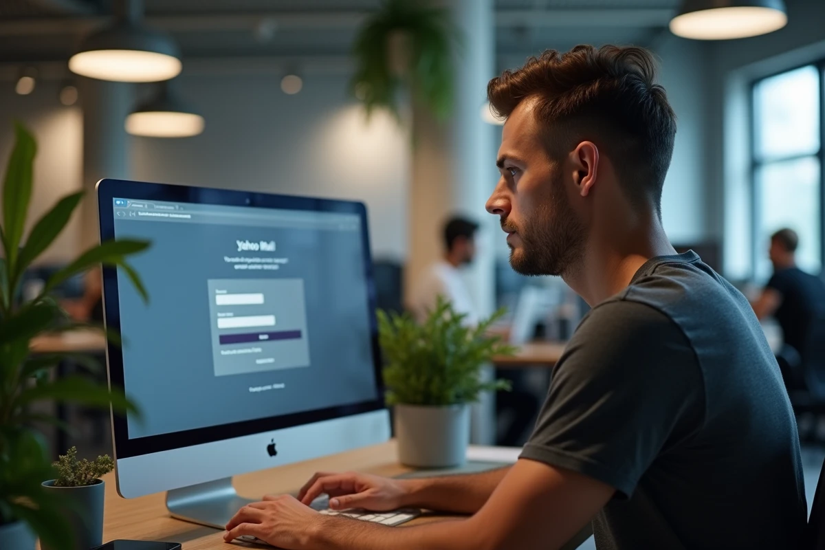 Homme configurant une boîte mail Yahoo dans un espace de coworking moderne
