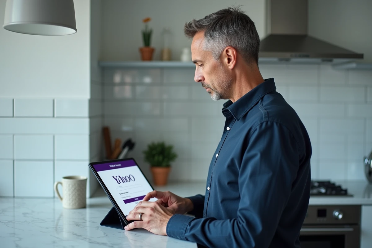 Homme configurant un compte Yahoo Mail sur une tablette dans une cuisine moderne