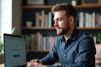 Homme configurant la double authentification sur un compte en ligne depuis son bureau à domicile