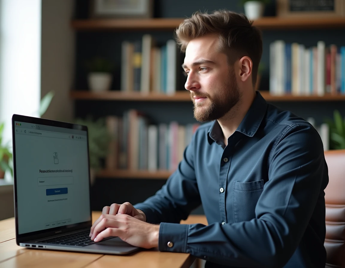 Homme configurant la double authentification sur un compte en ligne depuis son bureau à domicile