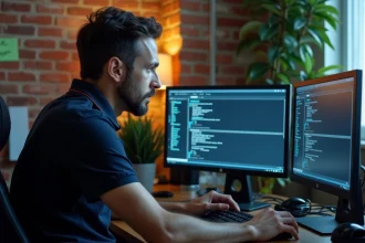 Technicien informatique configurant les drivers système sur un ordinateur double écran dans un bureau moderne