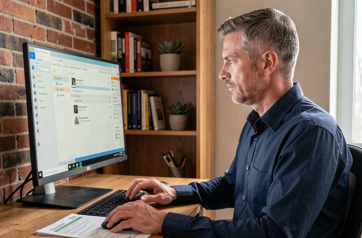 Homme configurant ses paramètres de messagerie Zimbra sur un grand écran dans un bureau à domicile lors d'un changement de poste professionnel